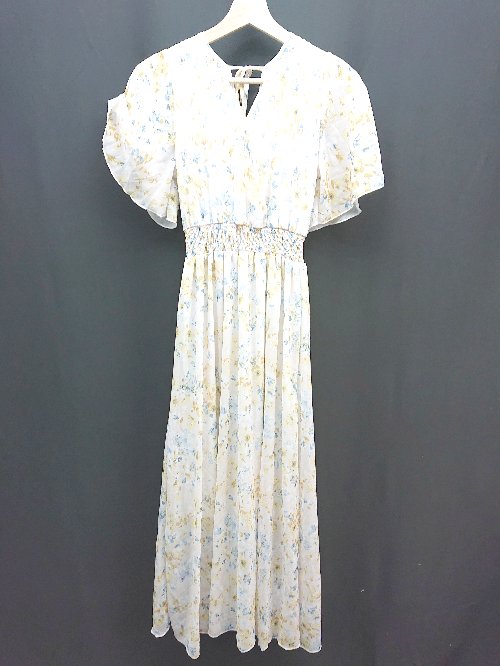 ◇ daycloset Vネック バックリボン 花柄 フリル ウエストゴム 半袖 ロング丈 ワンピース サイズⅯ ベージュ レディース E 【中古】