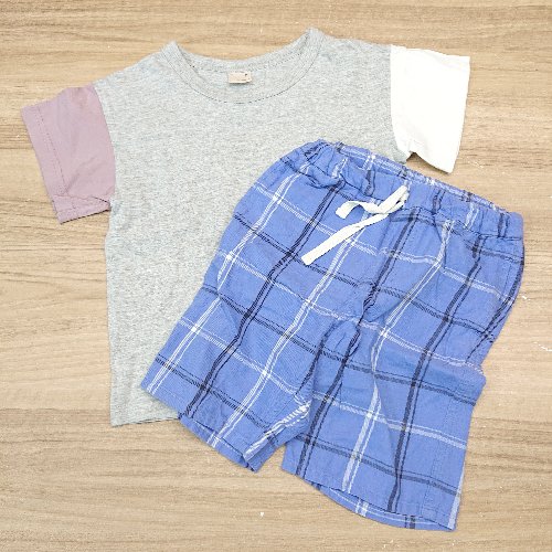 ◇ 《 petit main まとめ売り2点セット 110サイズ ボックスロゴ チェック柄 カジュアル Tシャツ パンツ メンズ 》 E 【中古】