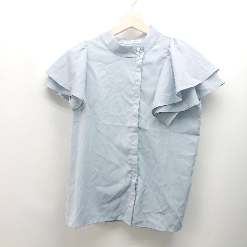 ◇ natural couture バンドカラー 無地 フリルスリーブ 半袖 ブラウス サイズF ブルー レディース E 【中古】