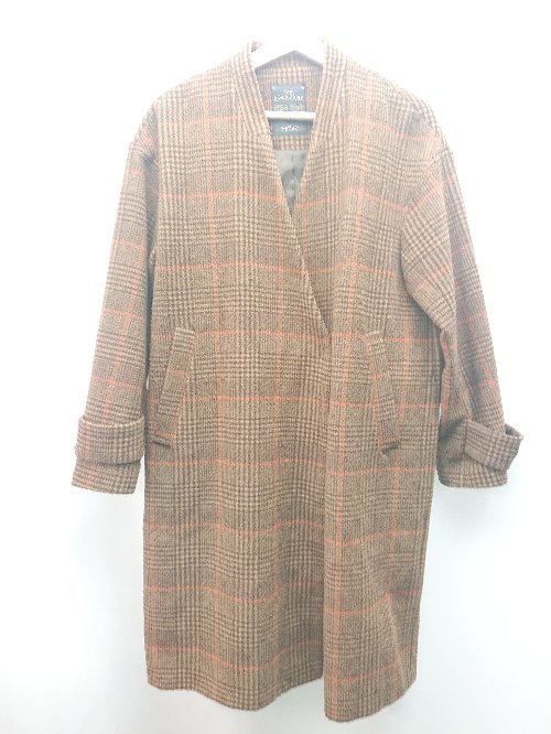 ◇ studio CLIP ウール混 チェック柄 ゆったり ノーカラー 長袖 コート サイズM ブラウン レディース E 【中古】