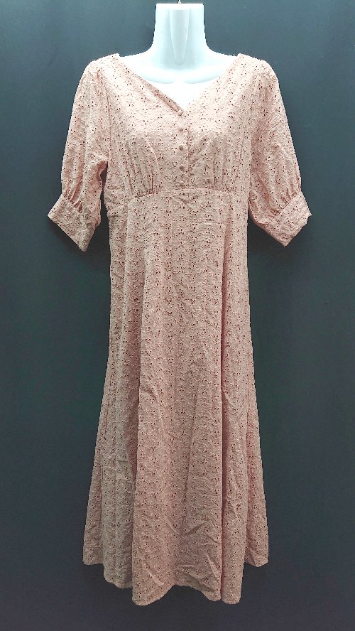 ◇ mysty woman 刺繡 ギャザー バックファスナー ハーフボタン 半袖 ロング丈 ワンピース サイズFREE ピ..