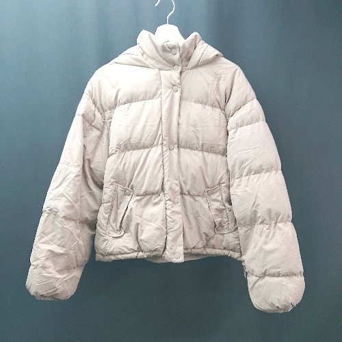 ■ nice claup ジップアップ 中綿ジャケット ドローコード フード 長袖 ブルゾン サイズFREE ベージュ レディース E 【中古】