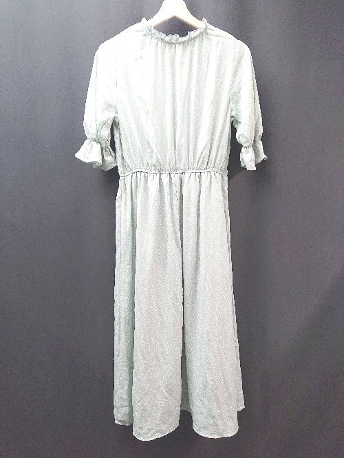 ◇ earth music&ecology ドット フリルカラー バックウエストゴム 半袖 ロング ワンピース サイズF グリーン レディース E 【中古】