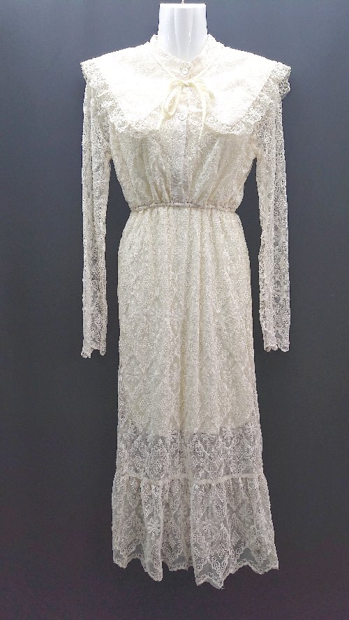 ◇ ◎ Hao Tong Fashion バンドカラー 総レース ウエストゴム 長袖 ロング ワンピース 表記なし ホワイト..