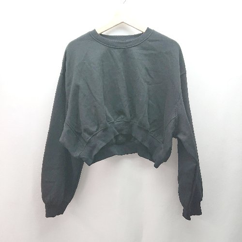 ◇ ZARA ザラ 無地 ラウンドネック　ショート丈 裏起毛 長袖 スウェット サイズL ブラック レディース E 【中古】
