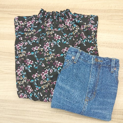 ◇ 《 GU ジーユー まとめ売り2点セット サイズL ウエストゴム 花柄 デニム生地 ワンピース ミニスカート レディース 》 E 【中古】