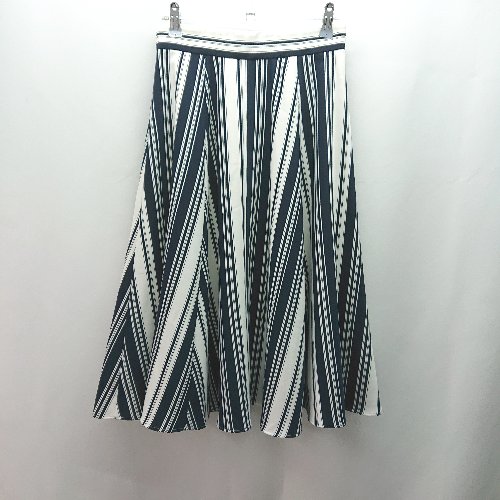 ◇ JUSGLITTY バックファスナー ストライプ柄 ひざ丈 フレア スカート サイズ1 ホワイト ネイビー レディース E 【中古】