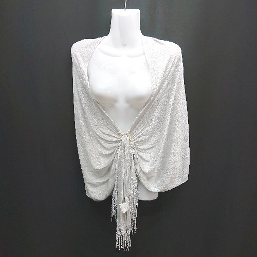 ◇ ノーブランド ラメ フリンジ レース パール ショール M グレー レディース E 【中古】
