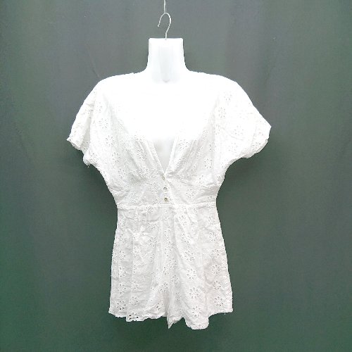 ◇ ZARA モロッコ製 ノンストレッチ バックジップ 半袖 チュニック サイズM ホワイト レディース E 【中古】