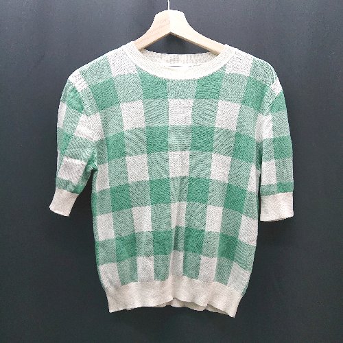 ◇ ROPE' PICNIC ギンガムチェック ハイゲージ カジュアル 半袖 ニット サイズ38 グリーン レディース E..