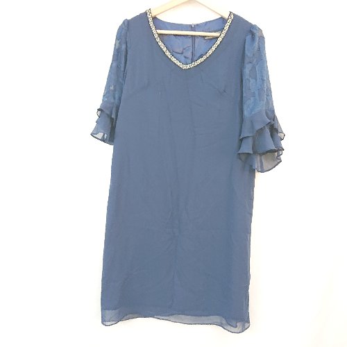 ◇ Pour Vous バックジップ レース 裏地あり パーティー ドレス 半袖 ひざ丈 ワンピース サイズL ネイビー レディース E 【中古】