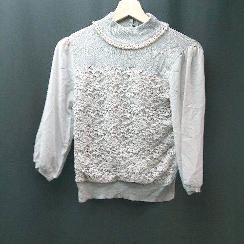 ◇ MISCH MASCH ハイネック パール レース シアースリーブ 七分袖 ニット サイズM グレー レディース E 【中古】