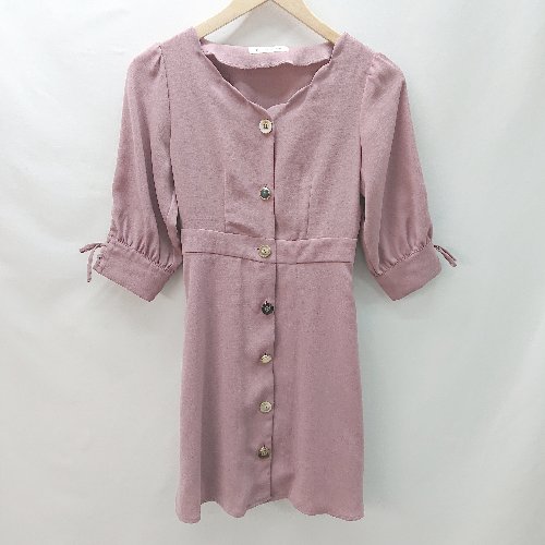 ◇ MAJESTIC LEGON くすみカラー ガーリー フレア 七分袖 ひざ丈 ワンピース サイズS ピンク系 レディー..