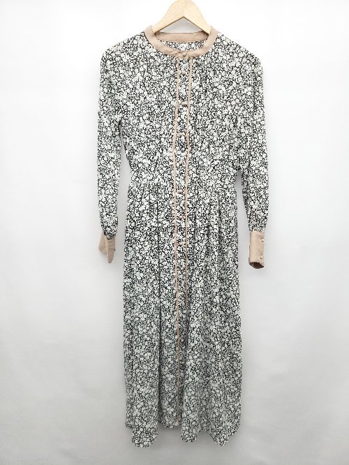 ◇ natural couture 花柄 フラワー バンドカラー 長袖 ロング ワンピース サイズF ブラック ホワイト マルチ レディース P 【中古】