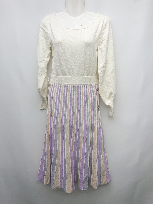 ◇ ◎ MIIA ミーア パステルカラー系 長袖 膝下丈 ニット ワンピース サイズF ホワイト パープル マルチ レディース P 【中古】