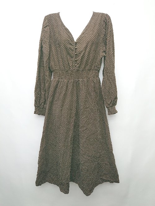 ◇ Passion パッション ピンドット 水玉 Vネック コーデュロイ 長袖 膝下丈 ワンピース サイズOne ブラ..