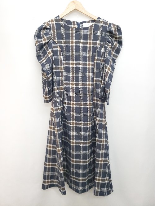 ◇ tocco closet トッコ クローゼット チェック ノーカラー 長袖 膝下 ワンピース サイズM ネイビー レディース P 【中古】