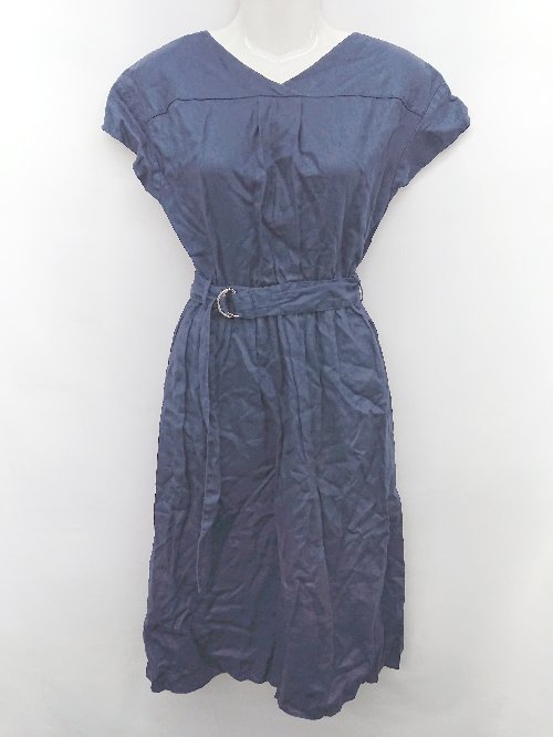 ◇ ◎ nano universe ナノ ユニバース フレンチスリーブ Vネック 半袖 膝下丈 ワンピース サイズ36 ネイビー レディース P 【中古】