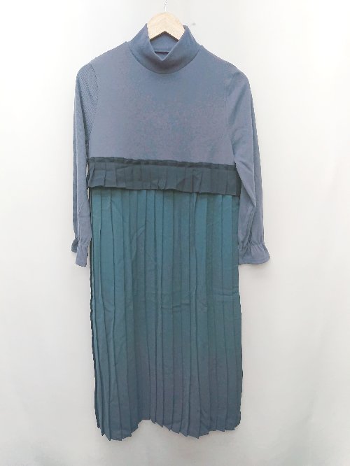 ◇ JUNO ジュノ ハイネック プリーツ 長袖 膝下丈 ワンピース サイズ38 グリーン ブルーグレー系 レディース P 【中古】