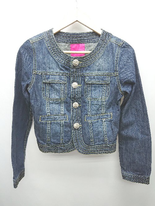 ◇ ANITA ARENBERG アニタアレンバーグ ノーカラー 長袖 デニム ジャケット Gジャン サイズL ネイビー レディース P 【中古】