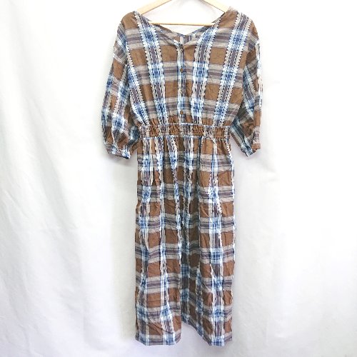 ◇ natural couture ナチュラルクチュール チェック柄 長袖 ロング丈 ワンピース サイズF ブラウン ネイビー レディース E 【中古】