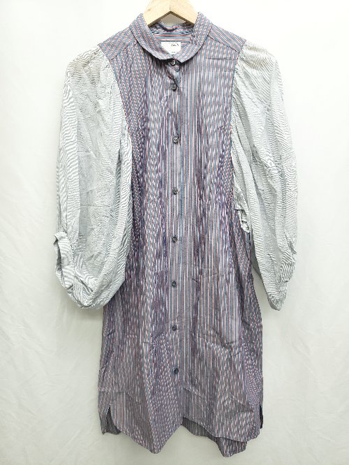 ◇ And A ストライプ ボリュームスリーブ 長袖 膝丈 ワンピース ネイビー レッド系 マルチ レディース P..