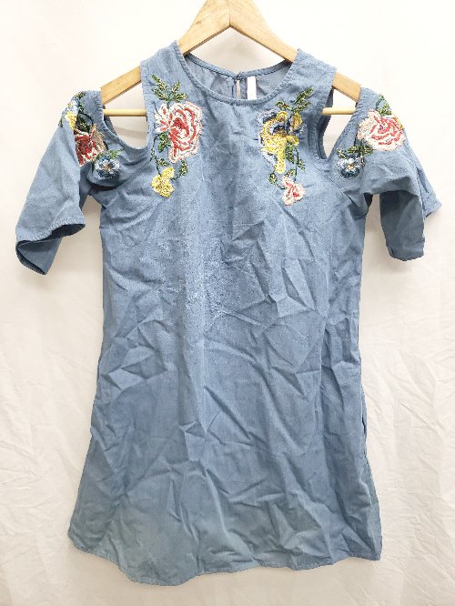 ◇ ZARA trafaluc denimwear 刺繍 ビジュー 七分袖 ミニ ワンピース サイズEUR XS USA XS MEX 24 ブルー系 レディース P 【中古】