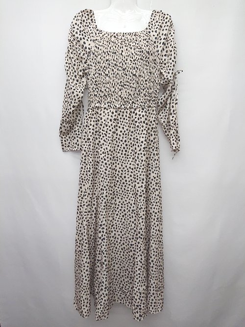 ◇ one after another NICE CLAUP ナイスクラップ 総柄 長袖 ロング ワンピース サイズF ベージュ ブラック レディース P 【中古】