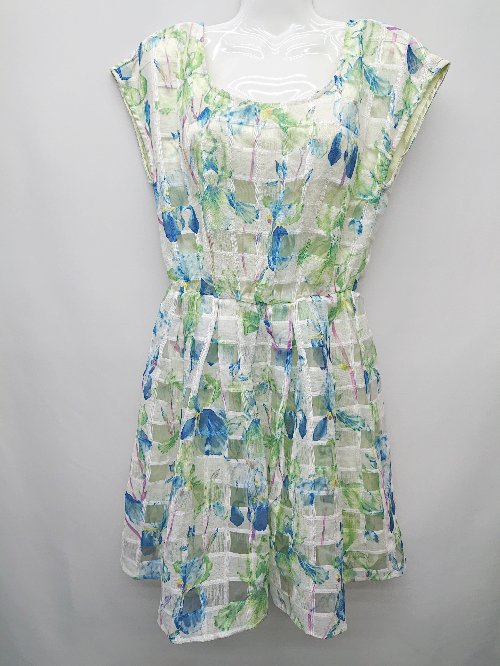 ◇ ◎ ●未使用● ASTORIA ODIER 花柄 ノースリーブ ミニ ワンピース サイズM グリーン ブルー系 マルチ レディース P 【中古】