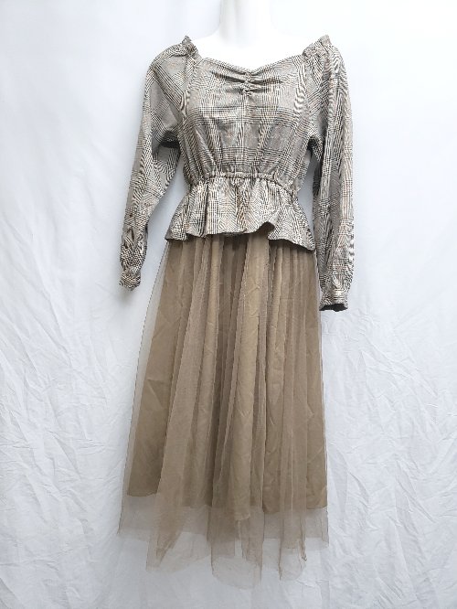 ◇ MAJESTIC LEGON マジェスティックレゴン チェック 長袖 膝下丈 ワンピース サイズM ブラウン マルチ レディース P 【中古】