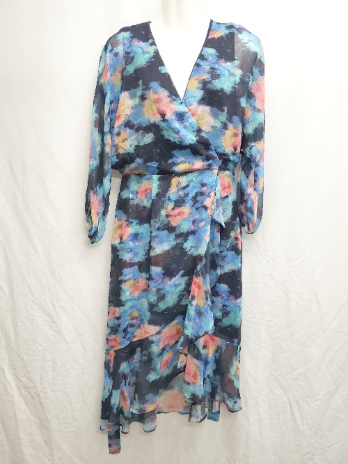 ◇ ◎ Adrianna Papell アドリアナパペル 長袖 膝下丈 ワンピース サイズUS6 UK10 ブルー ネイビー マル..