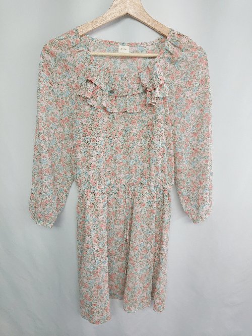 ◇ Te chichi TERRASSE 花柄 フリル 長袖 ひざ丈 ワンピース サイズM レッド ブルー グリーン レディース E 【中古】