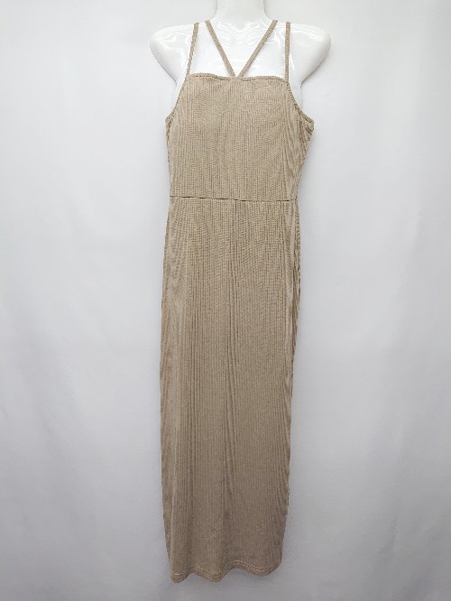 ◇ ⊂ JUNOAH ジュノア リブ タイト キャミソール ロング ワンピース サイズL ベージュ レディース P 【..