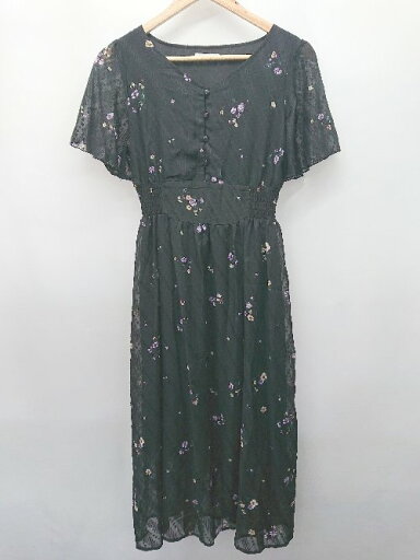◇ ⊂ OLIVE des OLIVE 花柄 シアースリーブ フレンチスリーブ 膝下丈 ワンピース サイズF ブラック マルチ レディース P 【中古】 ◇ ⊂ OLIVE des OLIVE 花柄 シアースリーブ フレンチスリーブ 膝下丈 ワンピース サイズF ブラック マルチ レディース P 【中古】