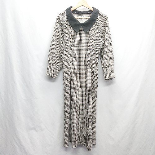 ◇ ⊇ natural couture チェック柄 襟付き ガーリー 長袖 ロング丈 ワンピース サイズF ブラウン系 レディース E 【中古】
