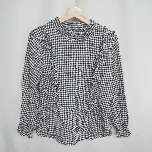 ◇ ⊇ live in comfort フリル シャーリングスリーブ ギンガムチェック 長袖 カットソー サイズLL ブラック レディース E 【中古】 ◇ ⊇ live in comfort フリル シャーリングスリーブ ギンガムチェック 長袖 カットソー サイズLL ブラック レディース E 【中古】