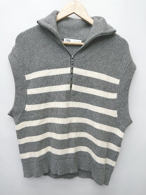 ◇ Θ ZARA ザラ ハーフジップ ボーダー ニット ベスト サイズM グレー レディース P 【中古】