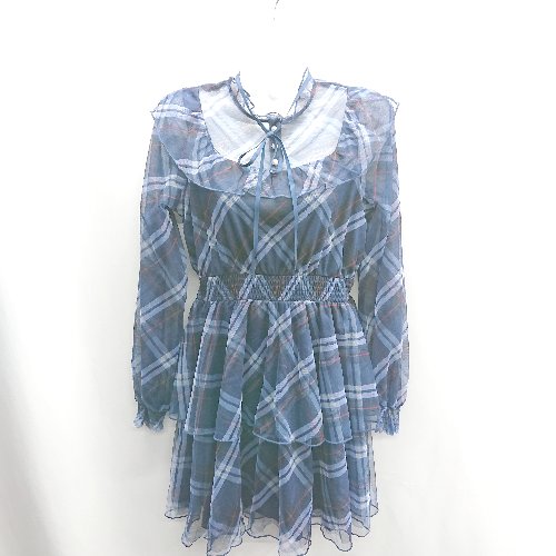 ◇ ⊂ titty&Co. ティティー&コー タータンチェック チュール 長袖 ひざ丈 ワンピース サイズM ブルー系 レディース E 【中古】