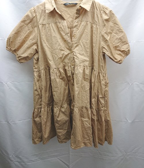 ◇ ZARA ザラ フロントボタン ティアード 半袖 チュニック サイズUSA M ベージュ レディース E 【中古】
