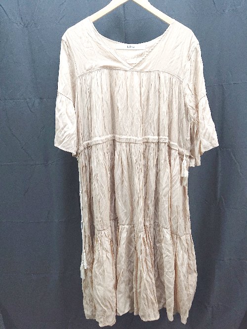 ◇ Libra リブラ 裏地 腰ひも調節 Vネック ギャザー シンプル 長袖 ロング丈 ワンピース サイズF ブラウ..