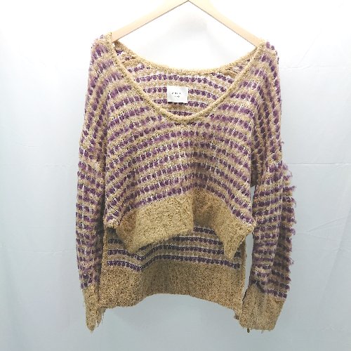 ◇ AMERI アメリ Vネック ケーブル 起毛 チェック柄 シンプル 長袖 ニット サイズF ブラウン系 レディース E 【中古】