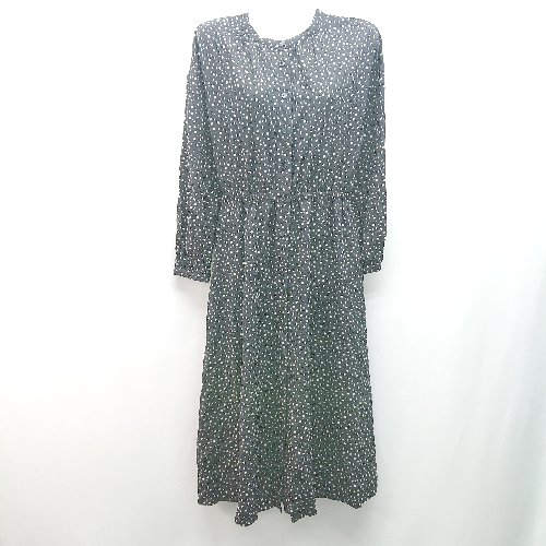 ◇ GLOBAL WORK ノーカラー ドット柄 ウエストゴム シンプル 長袖 ロング丈 ワンピース サイズM ブラック系 レディース E 【中古】