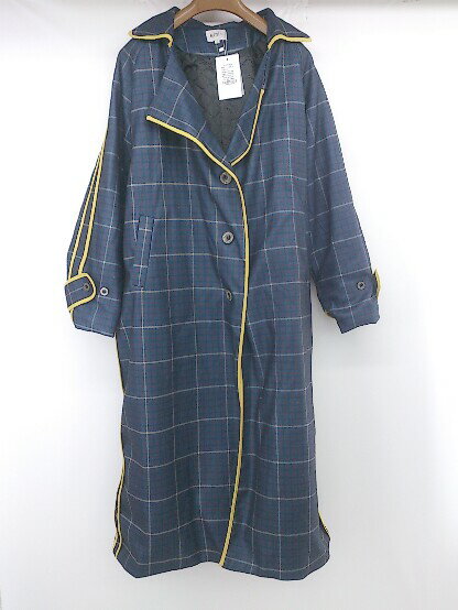 ■ 新品 emi+ エミプラス チェック柄 パイピング 綺麗め ロング丈 長袖 コート サイズL ネイビー系 レディース E 【中古】