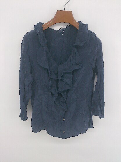 ◇ Spick and Span 大人女子 フリル 無地 シルク混 八分袖 シャツ ブラウス ネイビー レディース P 【中古】