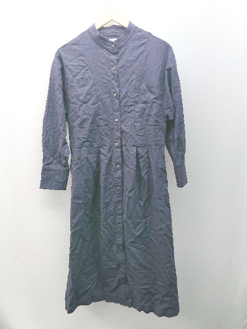 ◇ Libra Cue ノーカラー ボタン 胸ポケット シンプル オシャレ 長袖 膝丈 ワンピース サイズ1 ネイビー レディース E 【中古】