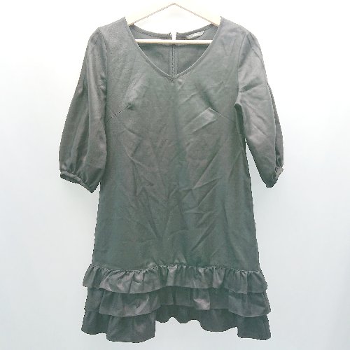 ◇ ◎ IENA イエナ フリル 無地 クルーネック ひざ丈 ワンピース 表記なし ブラック レディース E 【中古】