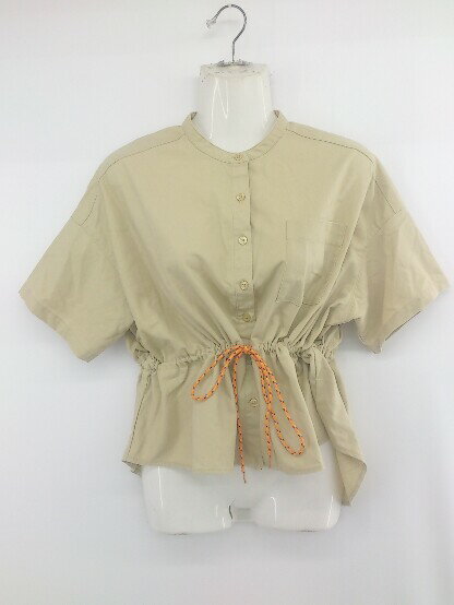 ◇ MERLOT IKYU シンプル 無地 リネン混 バンドカラー ドロスト 五分袖 シャツ ブラウス サイズF ベージュ系 レディース P 【中古】