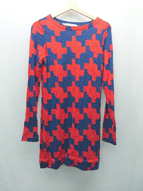 ◇ Diane von Furstenberg 柄ニット 個性的 薄手 春 カジュアル 長袖 チュニック サイズP レッド/ブルー レディース E 【中古】