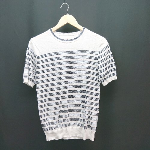 ◇ SIDE SLOPE カジュアル ボーダー柄 シンプル リブ素材 半袖 カットソー サイズ1 ホワイト/ネイビー レディース E 【中古】