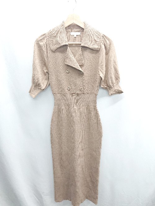 ◇ ⊂ rienda パフスリーブ ダブルボタン リブニット 半袖 ロング丈 ワンピース サイズM ライトブラウン レディース E 【中古】